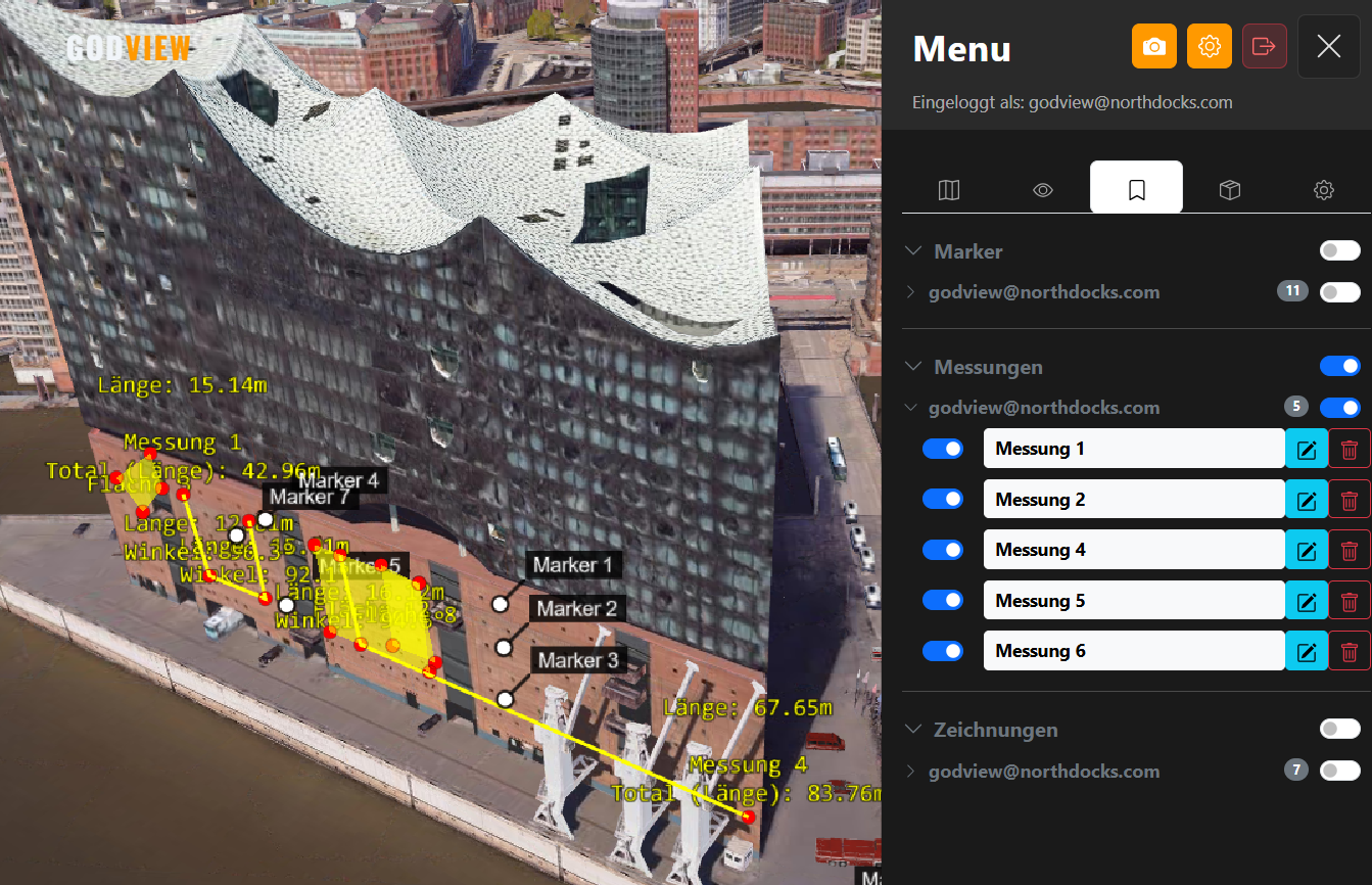 GodView precision inspection tools – distance, area and 3D angle measurement in digital twin environment
